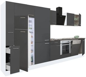 Mobilă de bucătărie Yorki 370, corp alb, față antracit satinat, element cuptor inferior, dulap cu rafturi și frigider cu congelator superior