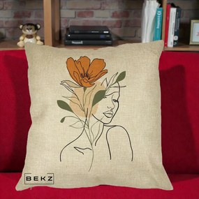 Perna Decorativa Portret Feminin Floare Portocalie, 40x40 cm, Crem, Husa Detasabila, Perna Inclusa, BEKZ®