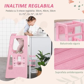 HOMCOM Turn de invatare Montessori pentru Copii 18-60 Luni cu 3 Niveluri din HDPE, 47x47x90 cm, Roz | Aosom Romania