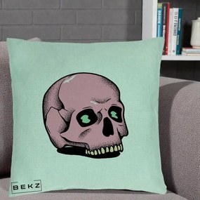 Perna Decorativa Craniu Roz Tatoo Art Halloween, 40x40 cm, Verde Menta, Husa Detasabila, Perna Inclusa, BEKZ®