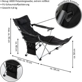 Scaun de camping, suport pentru picioare detașabil, negru