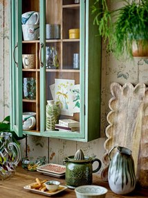 Vitrină mică de perete vintage shabby chic din lemn, verde, cu 2 uși vitrate, 6 rafturi și 9 compartimente, 80 x 50 x 13,5 cm, „Hazem”