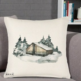 Perna Decorativa Cabana de Iarna in Padure, 40x40 cm, Crem Reliefat, Husa Detasabila, Perna Inclusa, BEKZ®