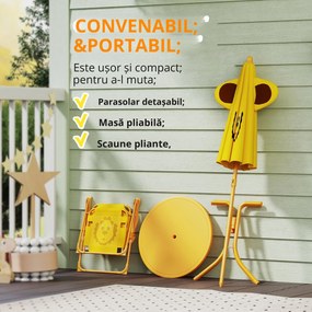 AIYAPLAY Mobilier de grădină pentru copii cu umbrelă de soare reglabilă, Set de picnic pentru copii cu 4 piese, Masă cu 2 scaune pliante, masă, Set de terasă cu model de leu pentru vârstele 2-5 ani, Galben | Aosom Romania