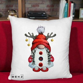 Perna Decorativa Pitic Gnom Craciun cu Coarne de Ren, 40x40 cm, Alb Pufos, Husa Detasabila, Perna Inclusa, BEKZ®