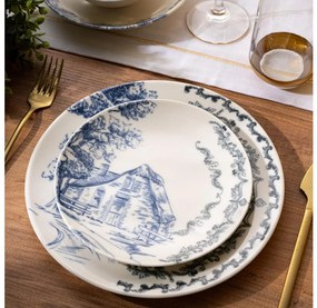 Set de veselă, 24 de piese, din porțelan, alb/albastru