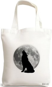 Sacosa de Panza pentru Cumparaturi, Geanta Tote, model Lup si Luna, 38x34.5 cm, Alba, BEKZ®