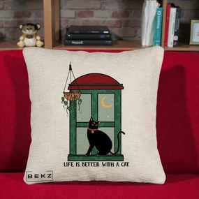 Perna Personalizata Life is Better with a Cat Geam, 40x40 cm, Bej Canapea, Husa Detasabila, Perna Inclusa, BEKZ®