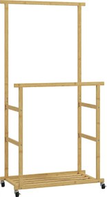 HOMCOM Suport pentru haine cu 2 bare, raft inferior și 4 roți din bambus, 80x40x160 cm, lemn natural | Aosom Romania