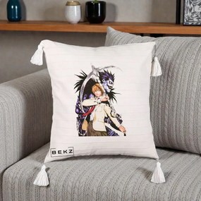 Perna Personalizata Death Note Light si Ryuk Duo, 40x40 cm, Bej cu Franjuri, Husa Detasabila, Perna Inclusa, BEKZ®