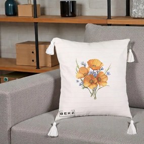 Perna Decorativa Maci Portocalii cu Floricele Albastre, 40x40 cm, Bej cu Franjuri, Husa Detasabila, Perna Inclusa, BEKZ®