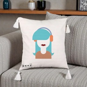 Perna Decorativa Fata cu Casti Muzica Grafic, 40x40 cm, Bej cu Franjuri, Husa Detasabila, Perna Inclusa, BEKZ®