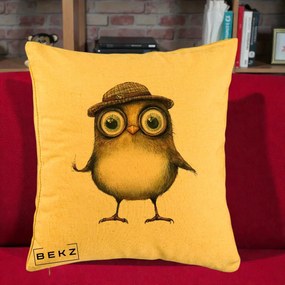 Perna Decorativa Pui Intelectual cu Palarie Tweed, 40x40 cm, Galben, Husa Detasabila, Perna Inclusa, BEKZ®