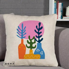 Perna Decorativa Vaze Botanice Abstract, 40x40 cm, Bej Canapea, Husa Detasabila, Perna Inclusa, BEKZ®
