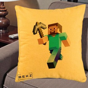 Perna Personalizata Minecraft Steve cu Tarnacop, 40x40 cm, Galben, Husa Detasabila, Perna Inclusa, BEKZ®
