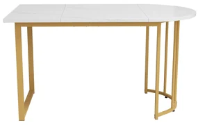 Masă cu picioare din metal, marmură modernă, structură metalică stabilă, pentru 4-6 persoane, 138,9×80×75 cm, Alb+Auriu