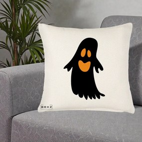 Perna Decorativa Halloween Fantoma Neagra cu Ochi Portocalii, 40x40 cm, Crem Reliefat, Husa Detasabila, Perna Inclusa, BEKZ®