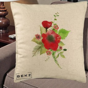 Perna Decorativa Buchet Rosu Acuarela, 40x40 cm, Bej, Husa Detasabila, Perna Inclusa, BEKZ®