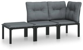 3187740 vidaXL Set mobilier de grădină cu perne, 3 piese, negru/gri, poliratan