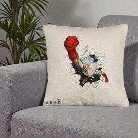 Perna Personalizata One Punch Man Saitama Pumn, 40x40 cm, Bej Canapea, Husa Detasabila, Perna Inclusa, BEKZ®