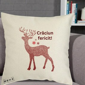 Perna Decorativa Ren Sclipitor Glitter Craciun Fericit, 40x40 cm, Ecru, Husa Detasabila, Perna Inclusa, BEKZ®