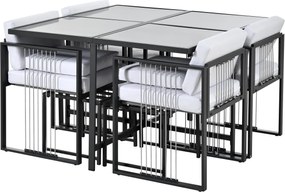 Set de grădină 7 piese pentru 6 persoane, masă din sticlă securizată, 4 scaune împletite și 2 taburete pentru picioare, Negru+Alb