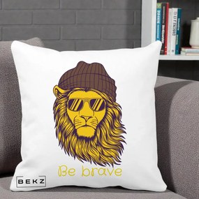 Perna Decorativa Leu Hipster Be Brave, 40x40 cm, Alba Mata, Husa Detasabila, Perna Inclusa, BEKZ®