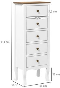 HOMCOM Sifonier 5 sertare, Mobil de depozitare compact alb cu mâner în formă de buton cu efect alamă | Aosom Romania