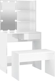 vidaXL Set măsuță de toaletă cu LED, alb extralucios, lemn prelucrat