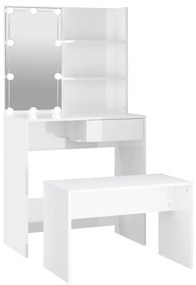 3114111 vidaXL Set măsuță de toaletă cu LED, alb extralucios, lemn prelucrat