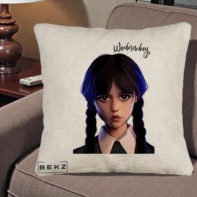 Perna Personalizata Wednesday Addams Portret Realist, 40x40 cm, Bej Canapea, Husa Detasabila, Perna Inclusa, BEKZ®