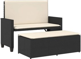 vidaXL Bancă de grădină cu perne și taburet, negru, poliratan