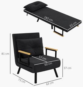 HOMCOM Canapea Extensibilă cu Spătar Reglabil pe 5 Nivele, Canapea Pat Individuală Pliabilă cu Perne, 63x73x81 cm, Negru | Aosom Romania