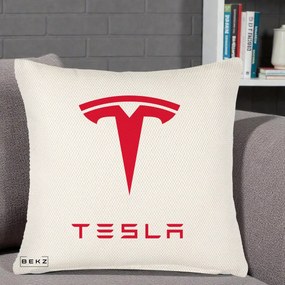 Perna Personalizata cu emblema Tesla, 40x40 cm, Crem Reliefat, Husa Detasabila, Perna Inclusa, BEKZ®