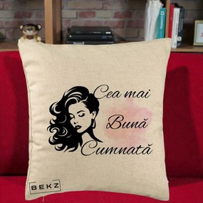 Cadou pentru Cumnata - Perna Personalizata Cea mai Buna Cumnata cu Silueta Dama si Pete Roz, 40x40 cm, Bej, Husa Detasabila, Perna Inclusa, BEKZ®