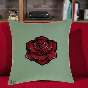Perna Decorativa Trandafir Rosu Tattoo, 40x40 cm, Verde, Husa Detasabila, Perna Inclusa, BEKZ®
