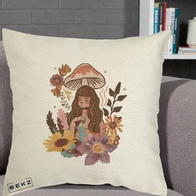 Perna Decorativa Fata Ciuperca Boho Florala, 40x40 cm, Ecru, Husa Detasabila, Perna Inclusa, BEKZ®