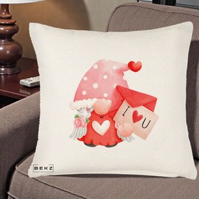 Cadou Romantic - Perna Personalizata I Love You Gnome Valentine cu Scrisoare, 40x40 cm, Crem Reliefat, Husa Detasabila, Perna Inclusa, BEKZ®
