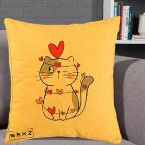 Perna Decorativa Pisica Kawaii cu Inimi, 40x40 cm, Galben, Husa Detasabila, Perna Inclusa, BEKZ®
