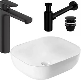 Pachet lavoar pe blat Rea Belinda alb 46.5 cm, baterie lavoar Hansgrohe Vernis Blend negru si ventil lavoar Click-Clack negru