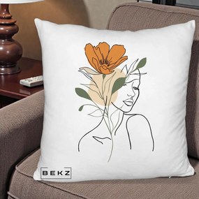 Perna Decorativa Portret Feminin Floare Portocalie, 40x40 cm, Alb Pufos, Husa Detasabila, Perna Inclusa, BEKZ®