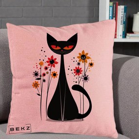 Perna Decorativa Pisica Neagra Ochi Rosii Flori, 40x40 cm, Roz, Husa Detasabila, Perna Inclusa, BEKZ®