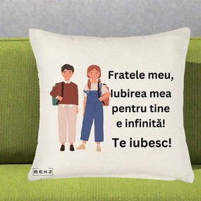 Cadou pentru Frate - Perna Personalizata Fratele Meu Te Iubesc Elevi Ilustratie Colorata, 40x40 cm, Crem Reliefat, Husa Detasabila, Perna Inclusa, BEKZ®