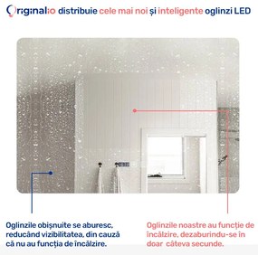 Oglindă LED Dreptunghiulară (100x70 cm), 3 Moduri Iluminare (Lumină Rece, Naturală, Caldă), Intensitate Reglabilă, Funcție Dezaburire, Ceas (Timer) și Termometru, Control Tactil (Touch)