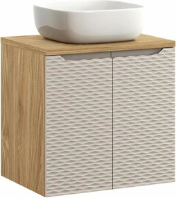 Set dulap baza suspendat 60 cm cu blat si lavoar Comad Ocean bej si stejar uleiat