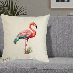 Perna Decorativa Flamingo Roz cu Pene Teal, 40x40 cm, Ecru, Husa Detasabila, Perna Inclusa, BEKZ®
