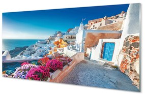 Tablouri acrilice Clădiri Grecia flori la mare