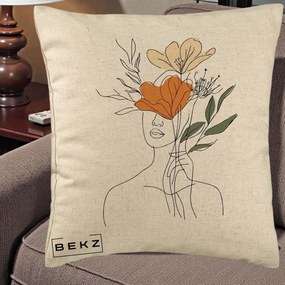 Perna Decorativa Portret Feminin Coroana Florala, 40x40 cm, Bej, Husa Detasabila, Perna Inclusa, BEKZ®
