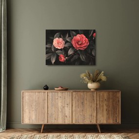 Tablou pe sticlă - Flori roșii pe fundal întunecat (70x50 cm)