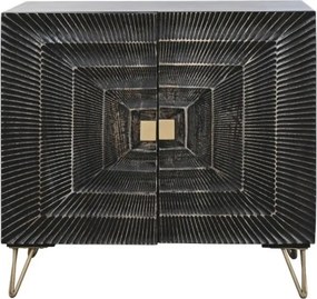Bufet negru vintage din lemn de mango, cu 2 uși sculptate cu pătrate concentrice și picioare din metal auriu, 75 x 81 x 45 cm, „Mandala”